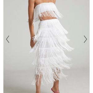 Showpo AMALEE FRINGE TWO PIECE SKIRT SET IN WHITE